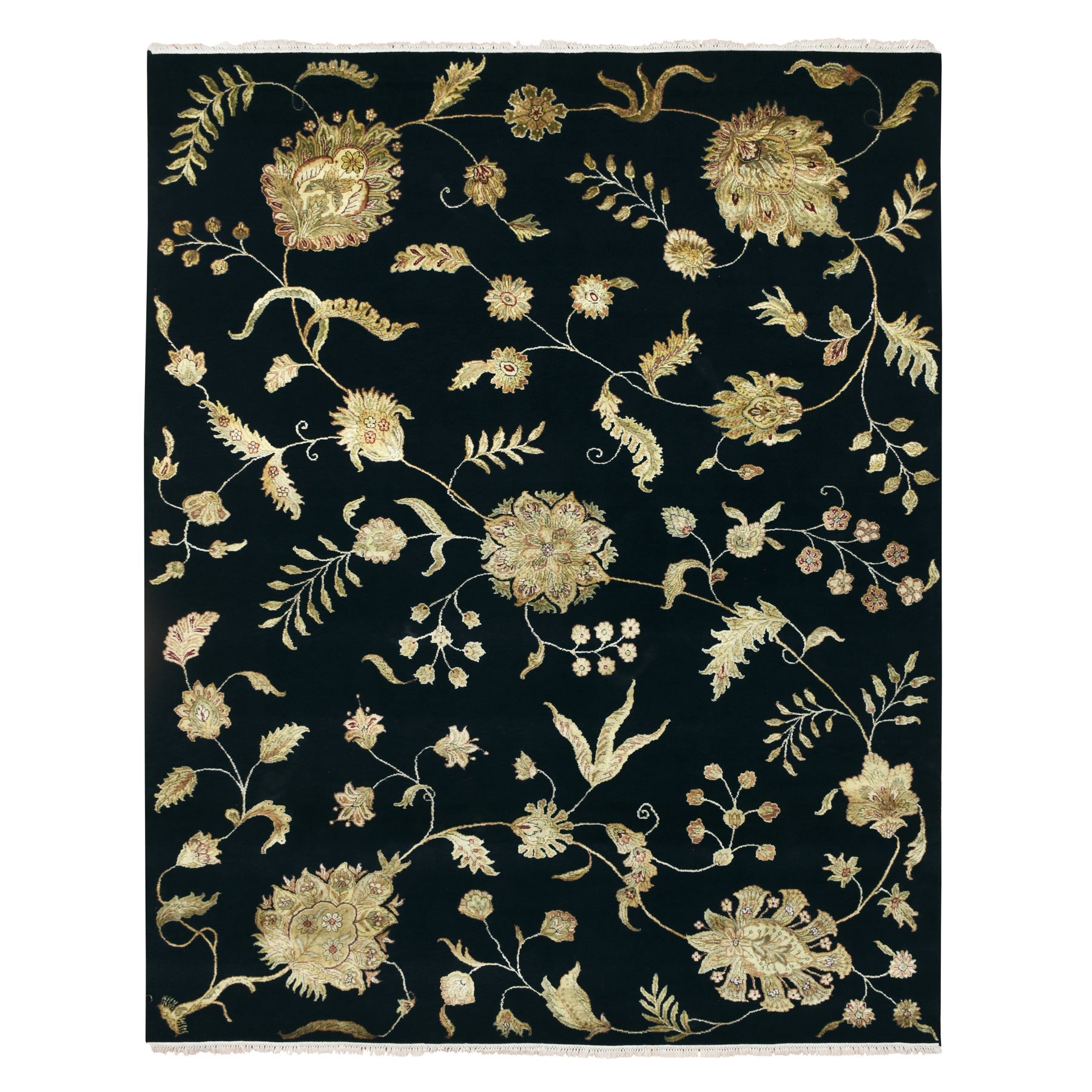 Ink Black, Hand Knotted, Borderless Botanical Design, Half Wool and Half Silk, Densely Woven, Soft Pile, Oriental Rug